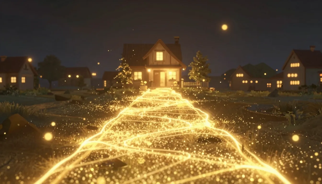 Cinematic view of a magical city at night, golden glowing pa...