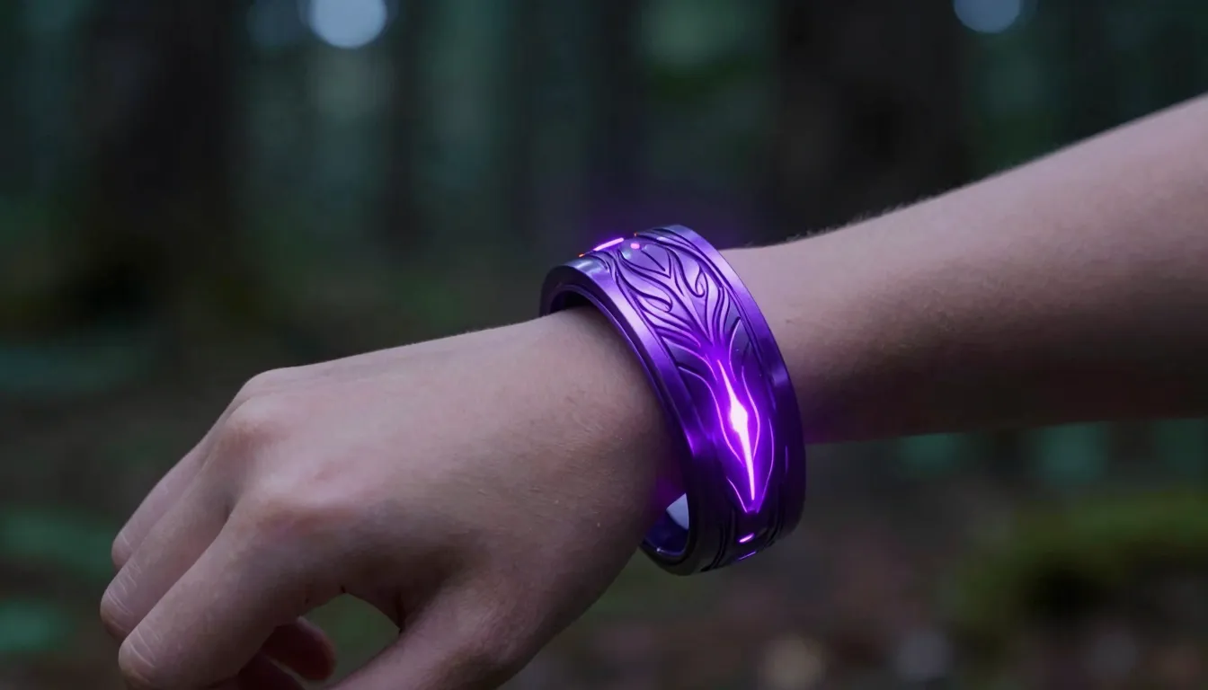 Close-up of a futuristic purple metallic bracelet on a teena...