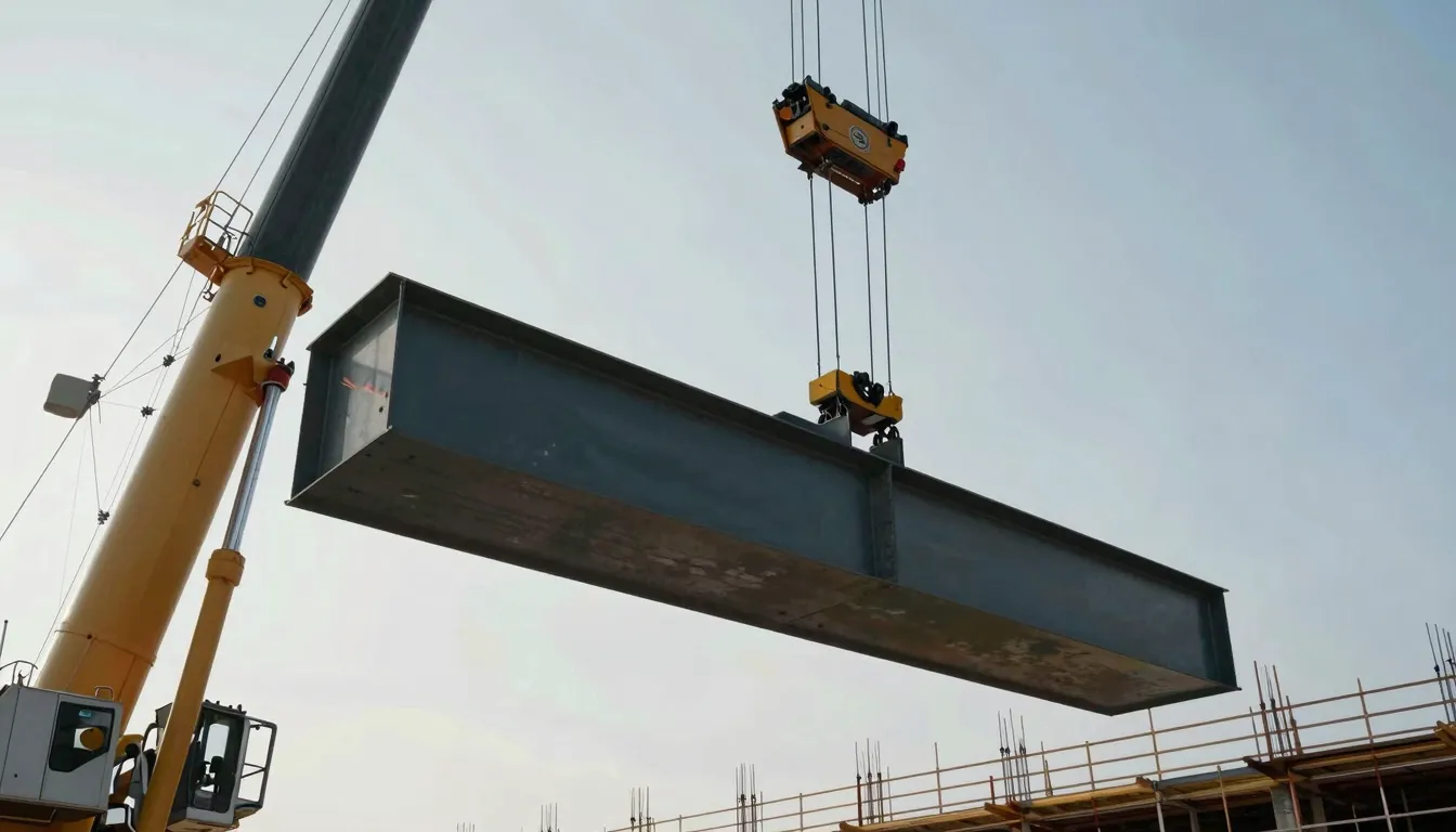 A heavy duty crane lifting a massive 100 ton steel beam at a...