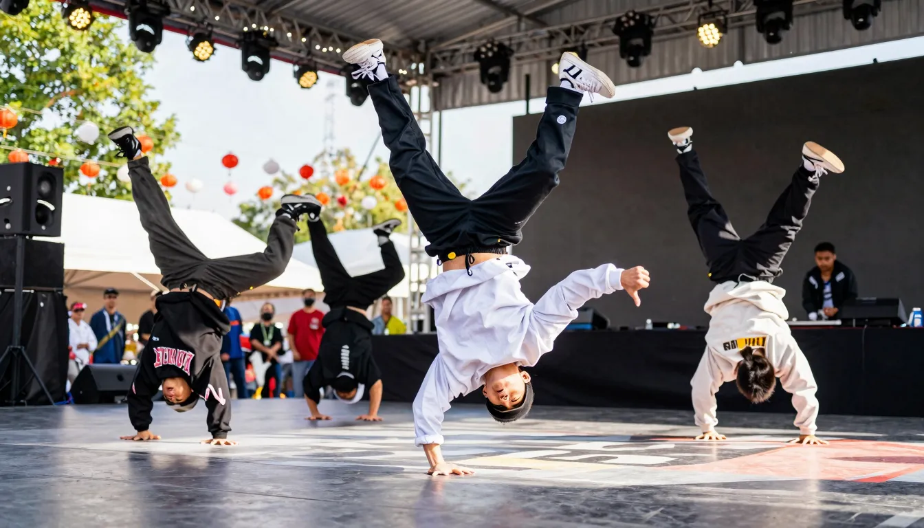 A group of breakdancers performing energetic moves on a fest...