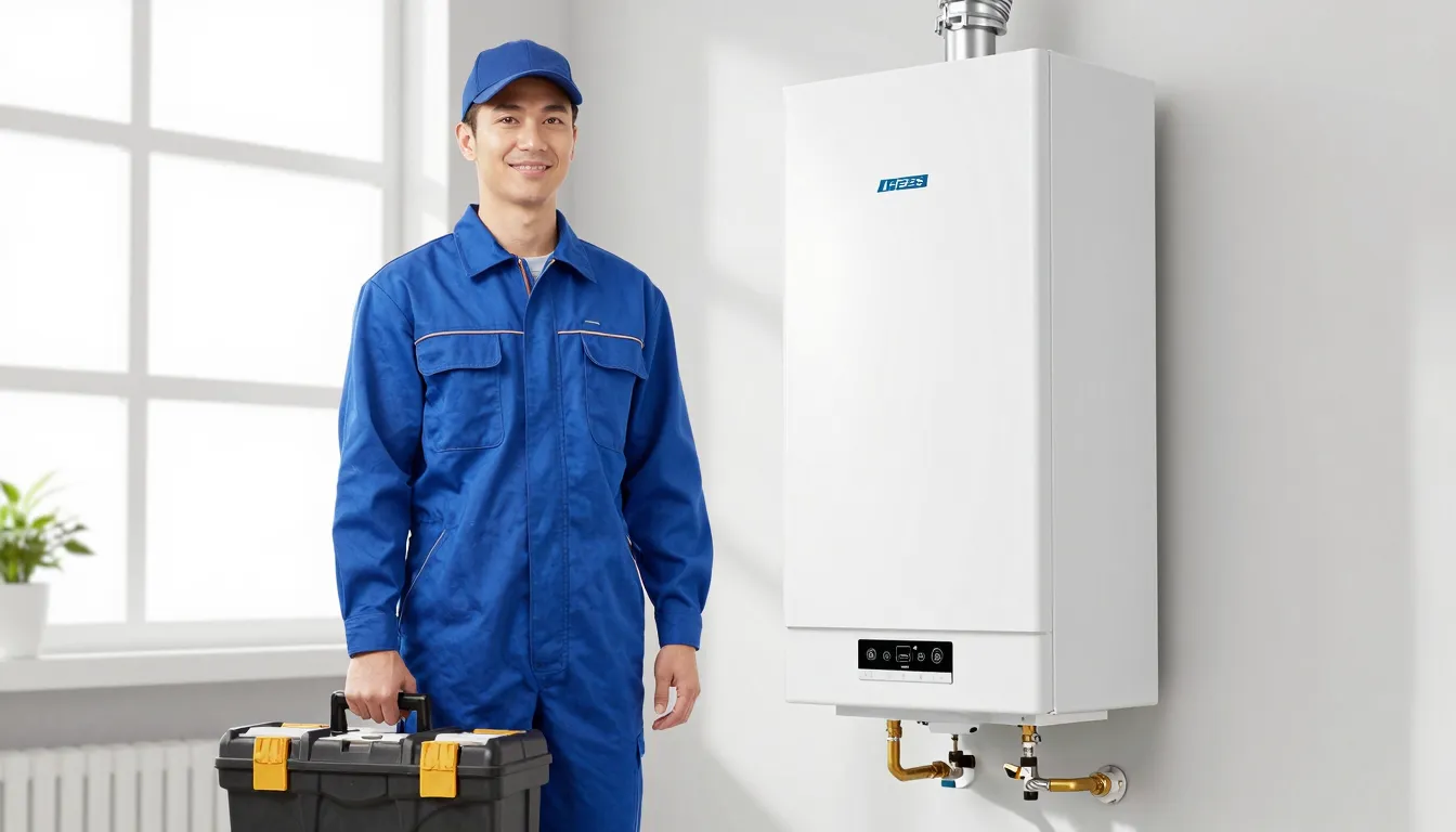 A professional gas service technician in a blue uniform with...