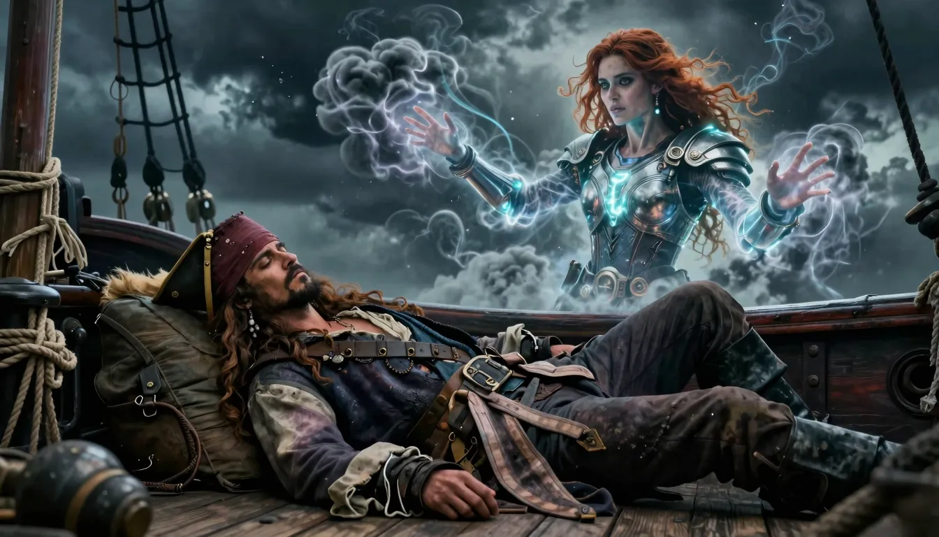 A rugged, weathered pirate dozing off on the wooden deck of ...