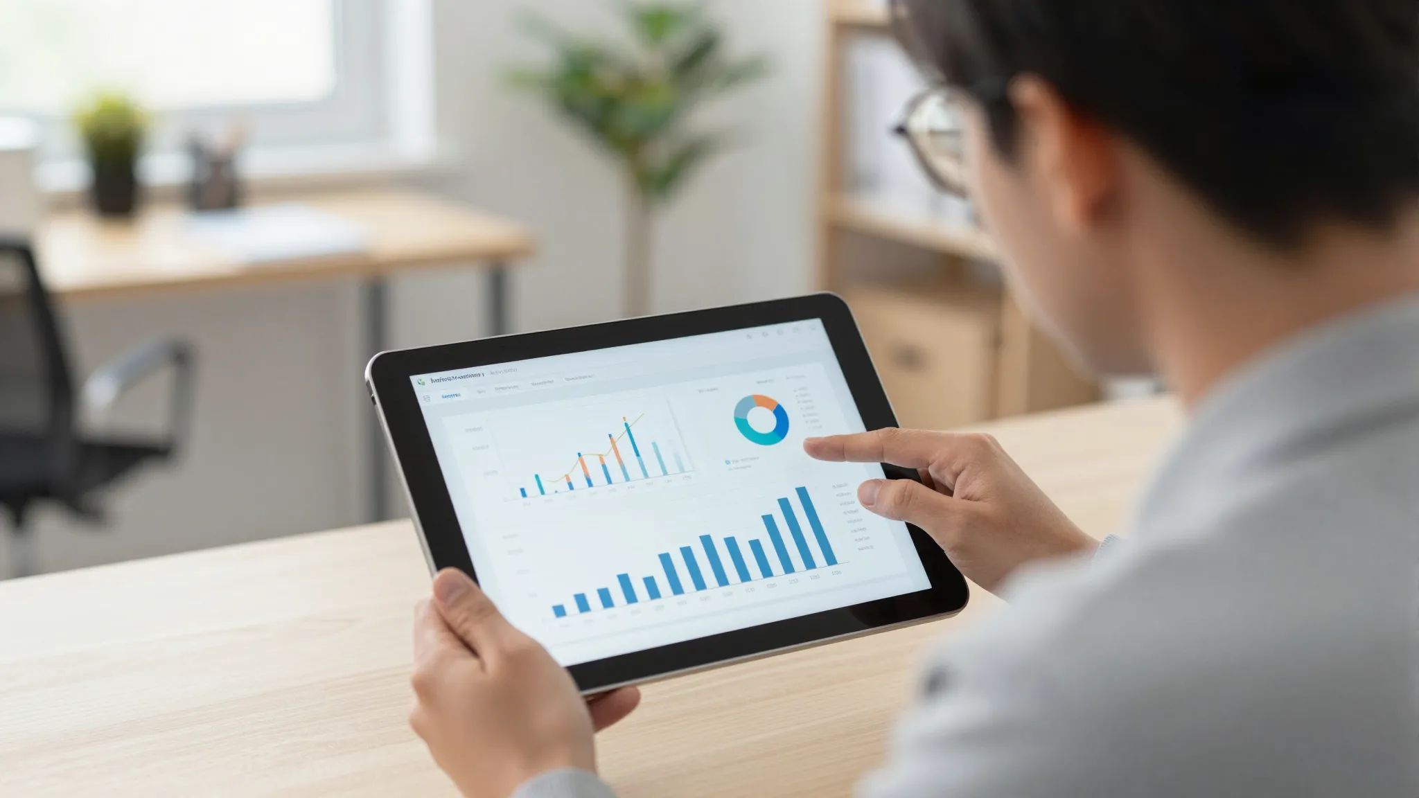 A professional person analyzing data on a large tablet, brig...