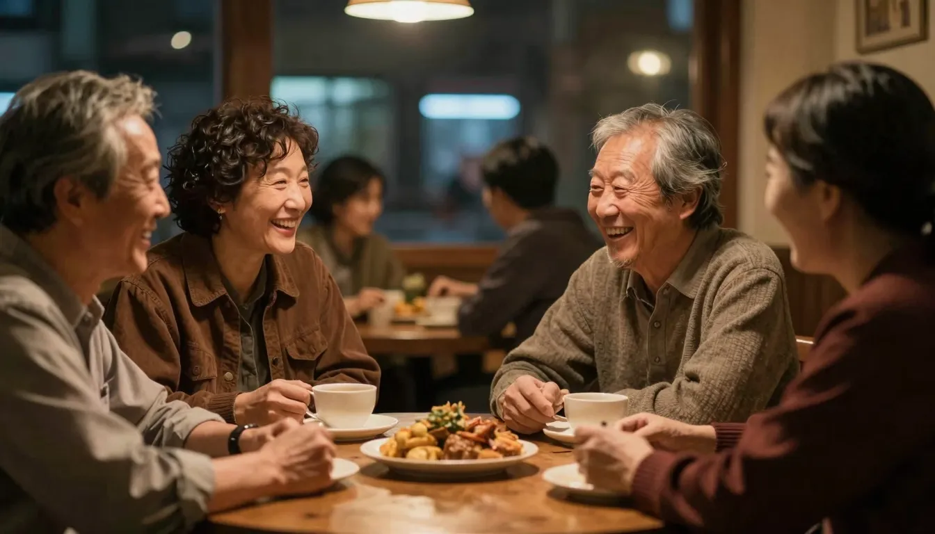 A warm and cozy gathering of old friends around a table, sha...