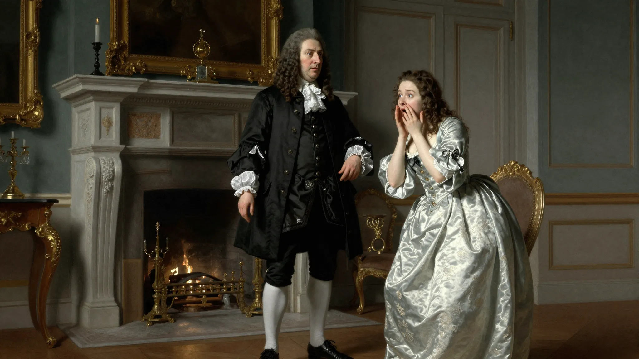 17th century French interior, a nobleman in a dark coat stan...