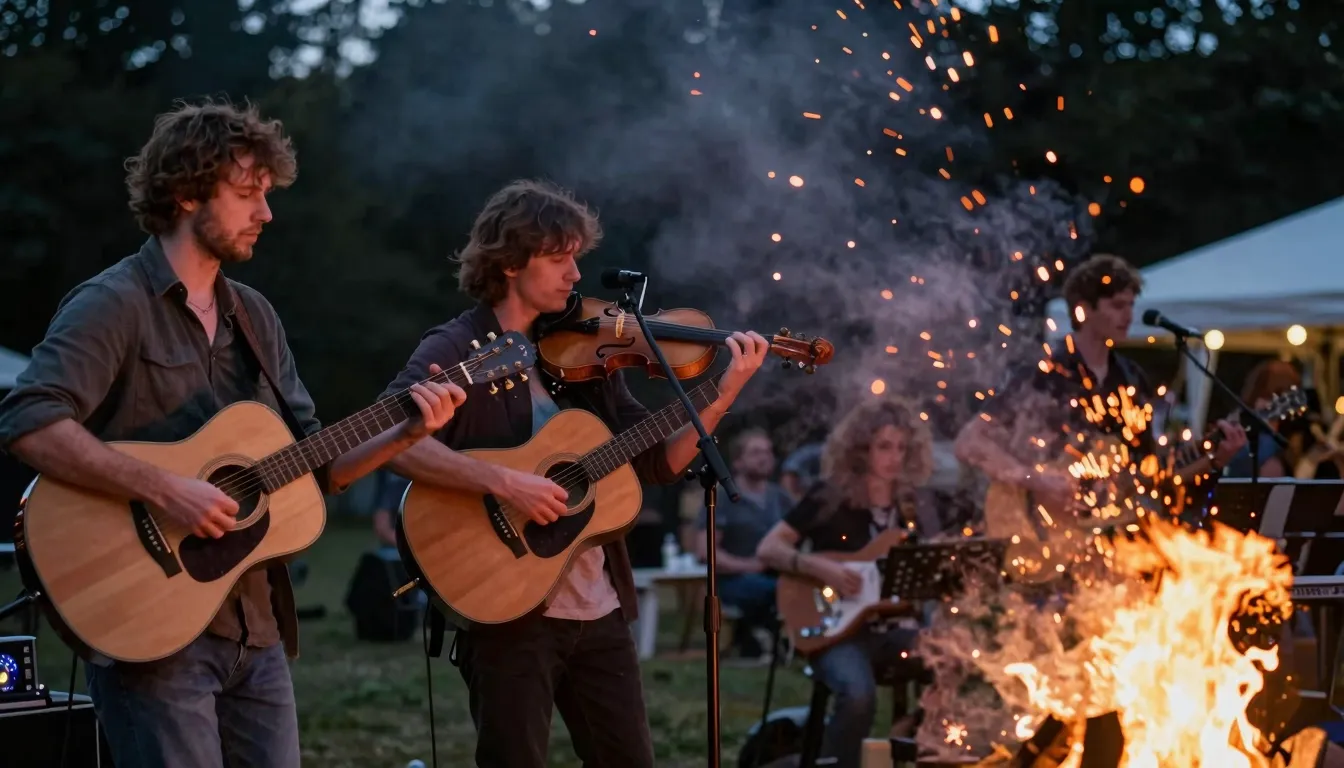 Folk rock band performing outdoors, acoustic instruments, vi...