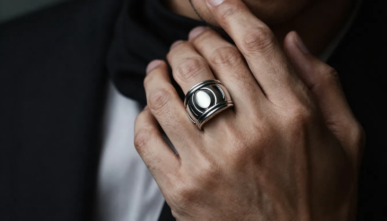 A stylish close-up of a male hand with a massive silver ring...