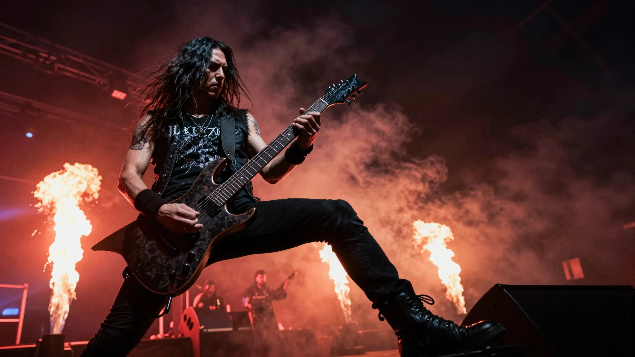 A powerful cinematic shot of a heavy metal concert, a guitar...