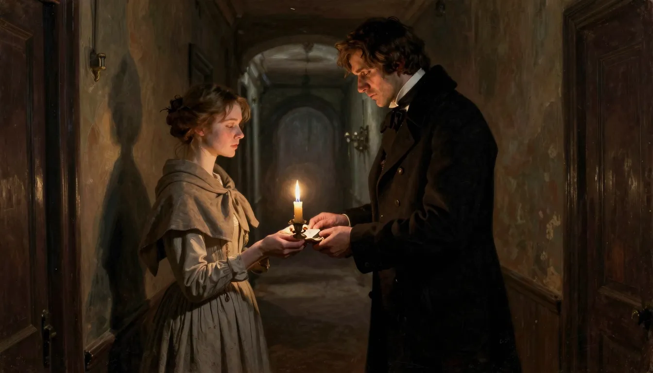 A dramatic scene in a dim 19th-century Russian hallway. A be...