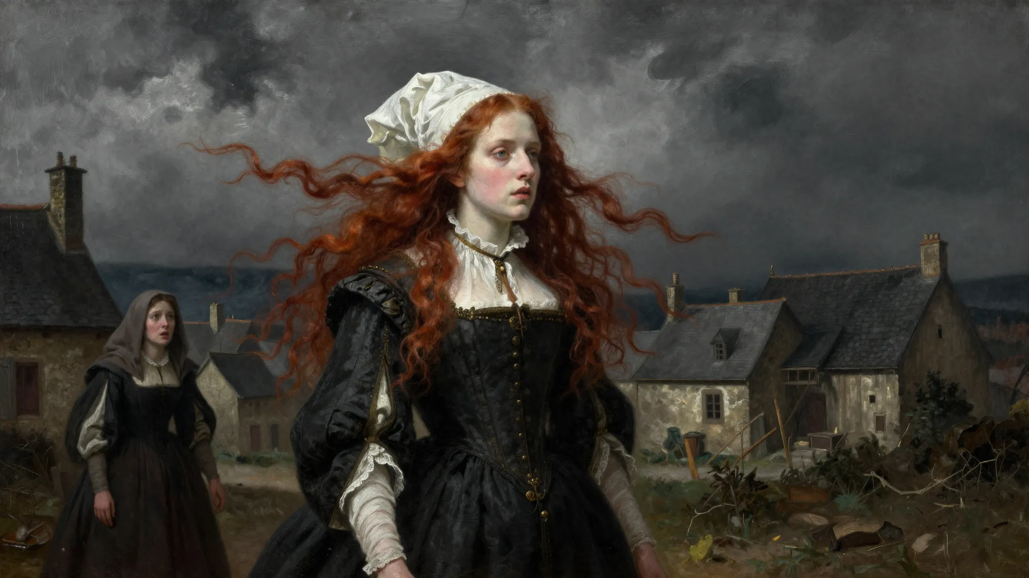 A dark and moody 16th-century French village scene. A pale n...