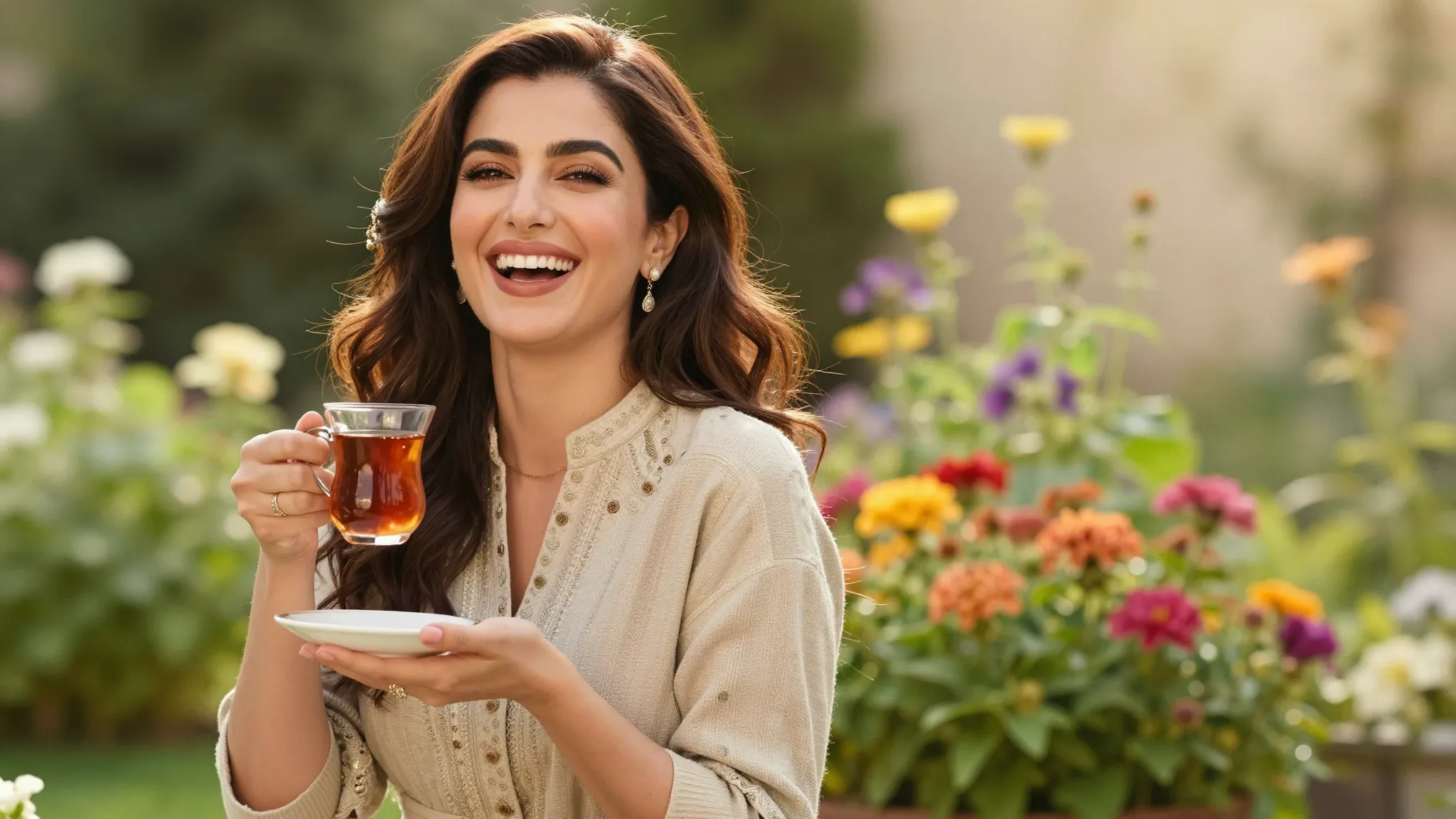 A cheerful and elegant woman named Gulsara laughing in a bea...
