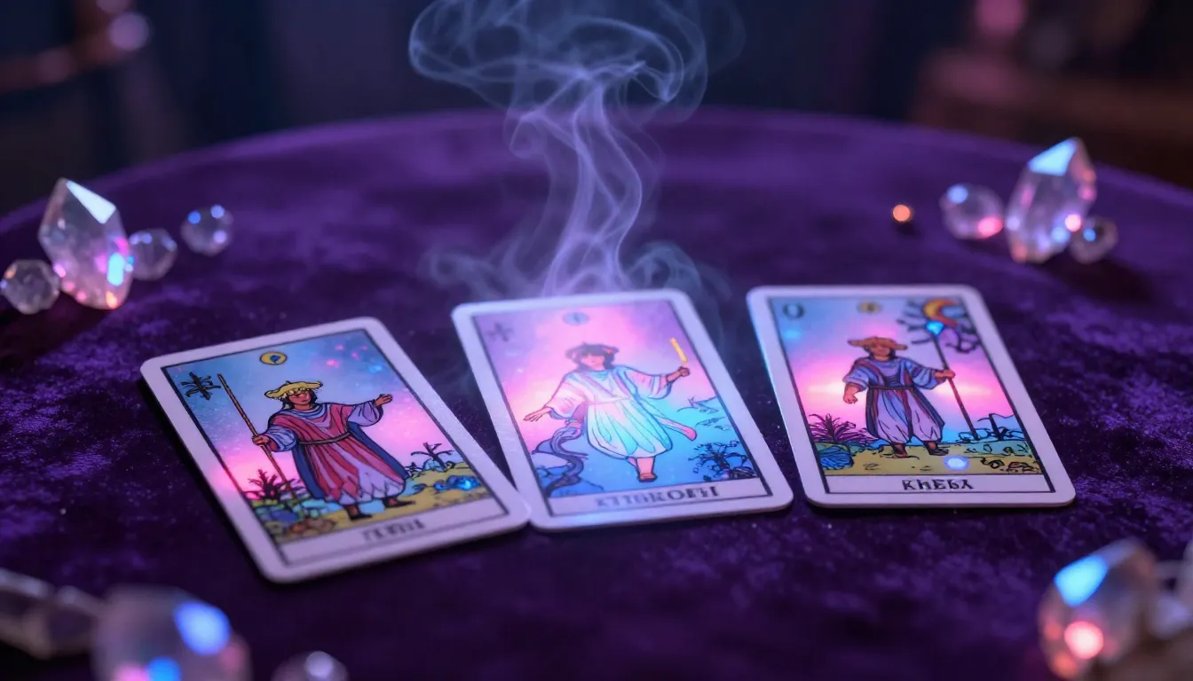 A mystical and aesthetic close-up of three tarot cards lying...