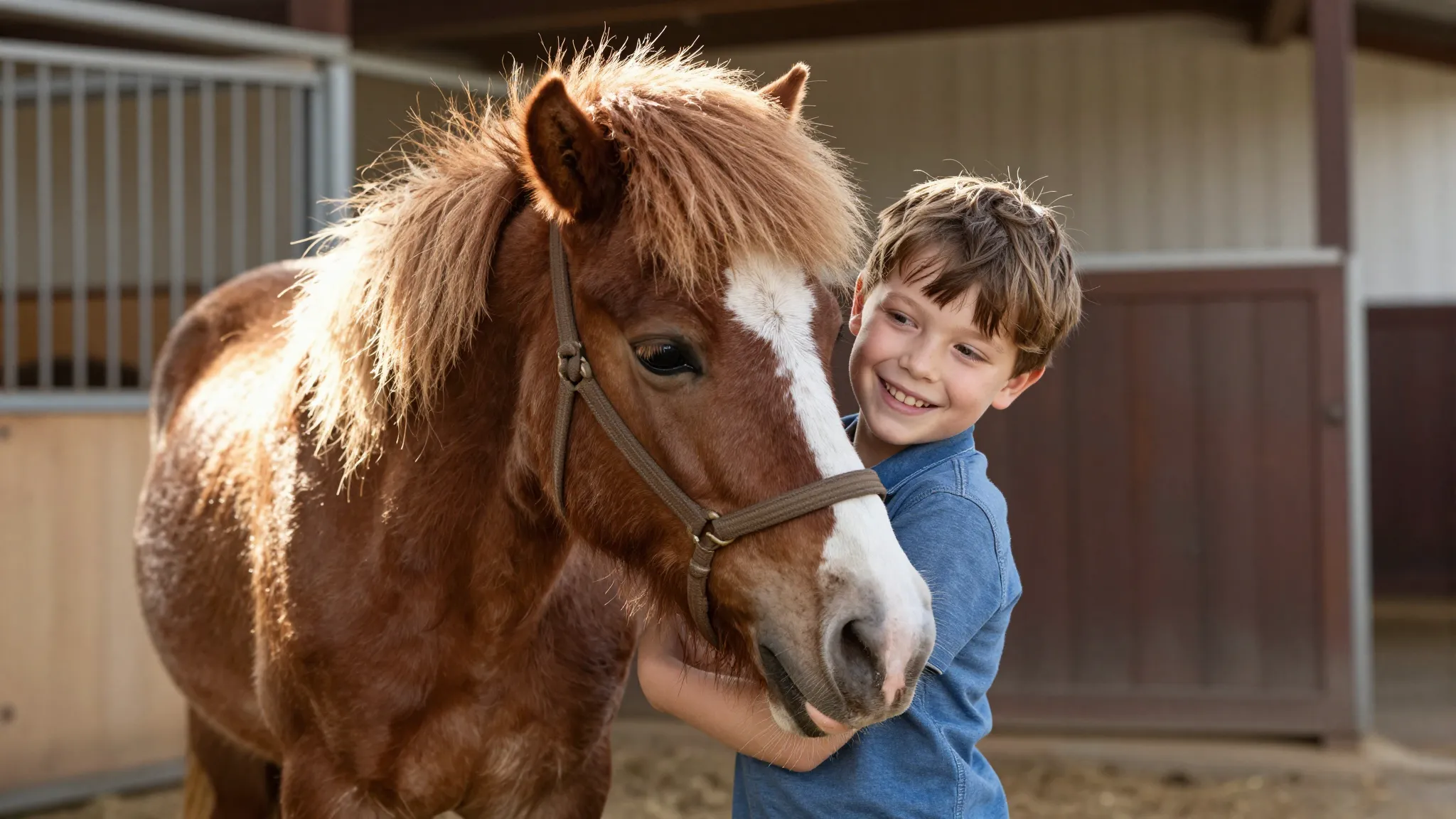 A happy child hugging a small pony in a sunlit stable, warm ...