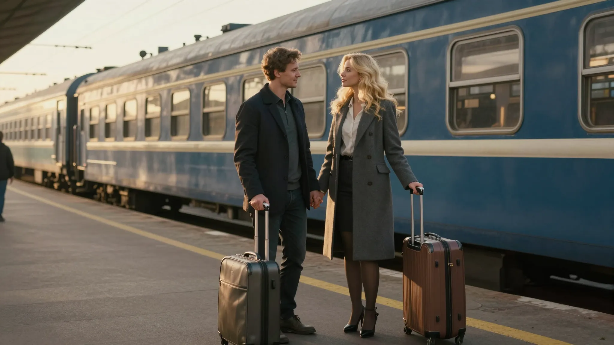 A romantic farewell at a grand railway station. A dark-haire...