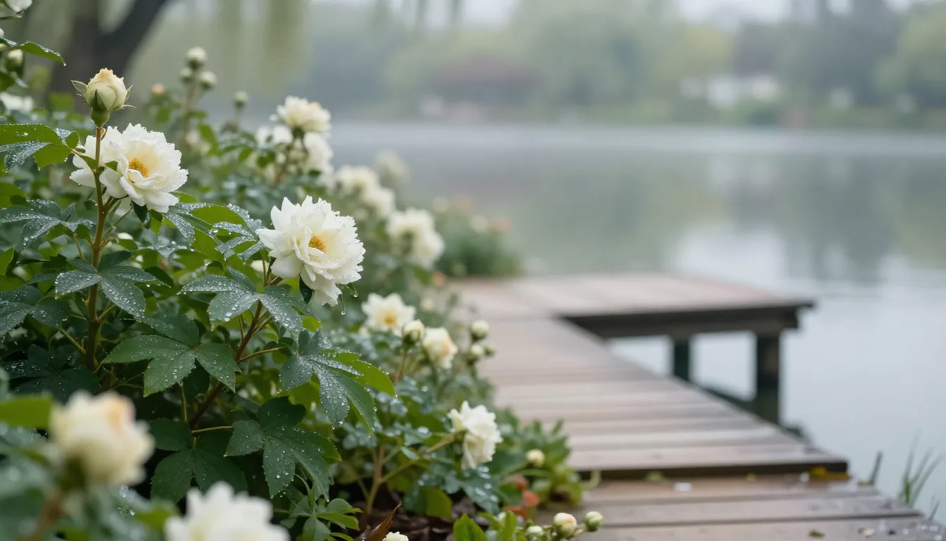Close-up of a blooming garden with a small pier leading to a...