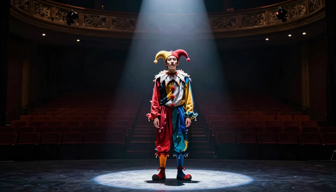 A dramatic theatrical stage, a single spotlight shines on a ...