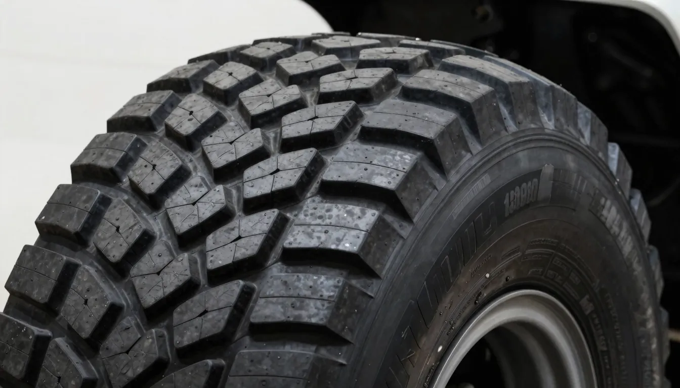 Close-up of a truck tire tread pattern, rugged texture, blac...