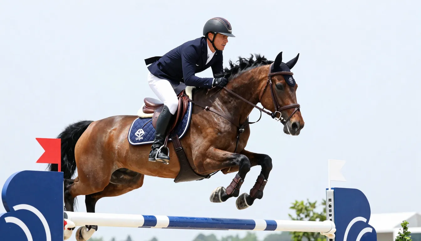 A professional rider on a majestic horse performing a jump, ...