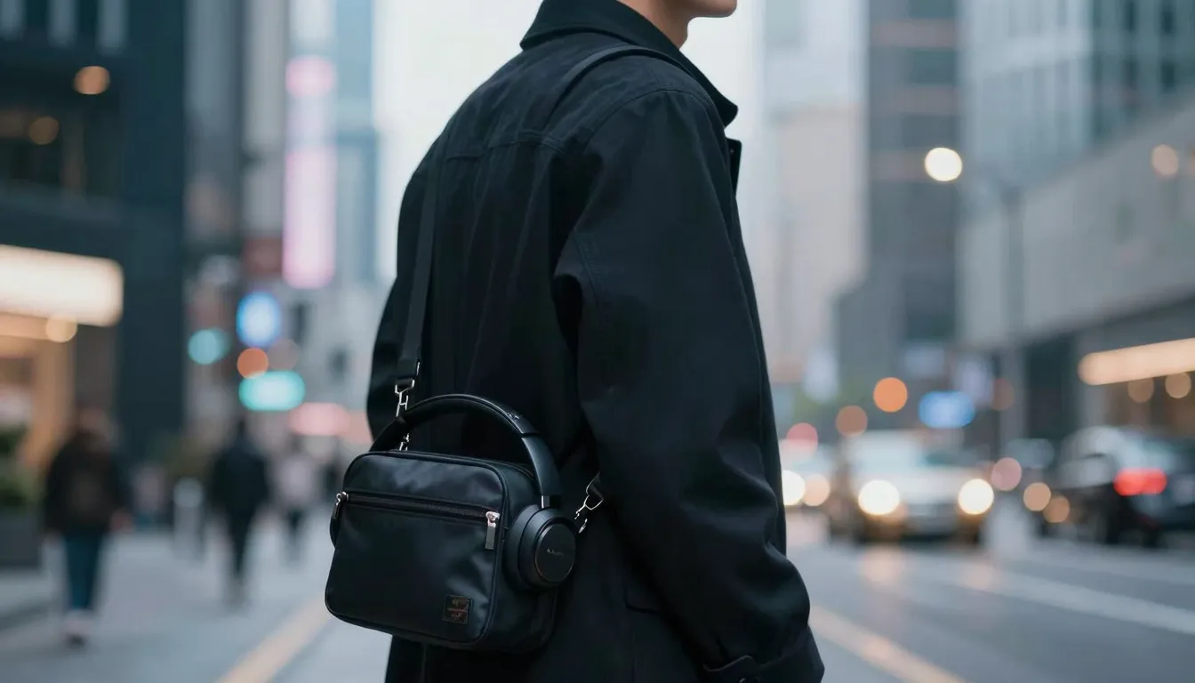 A stylish person wearing modern headphones walking in a futu...