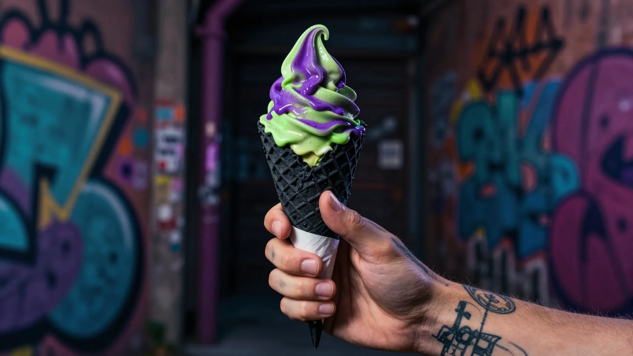 A stylish black ice cream cone with vibrant purple and green...