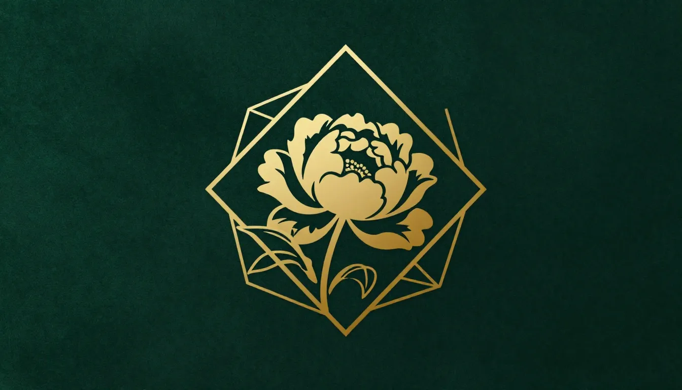 A luxury logo of a blooming peony, geometric gold lines comb...