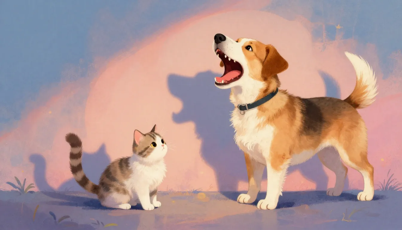 Surreal illustration of a small fluffy cat with a giant shad...