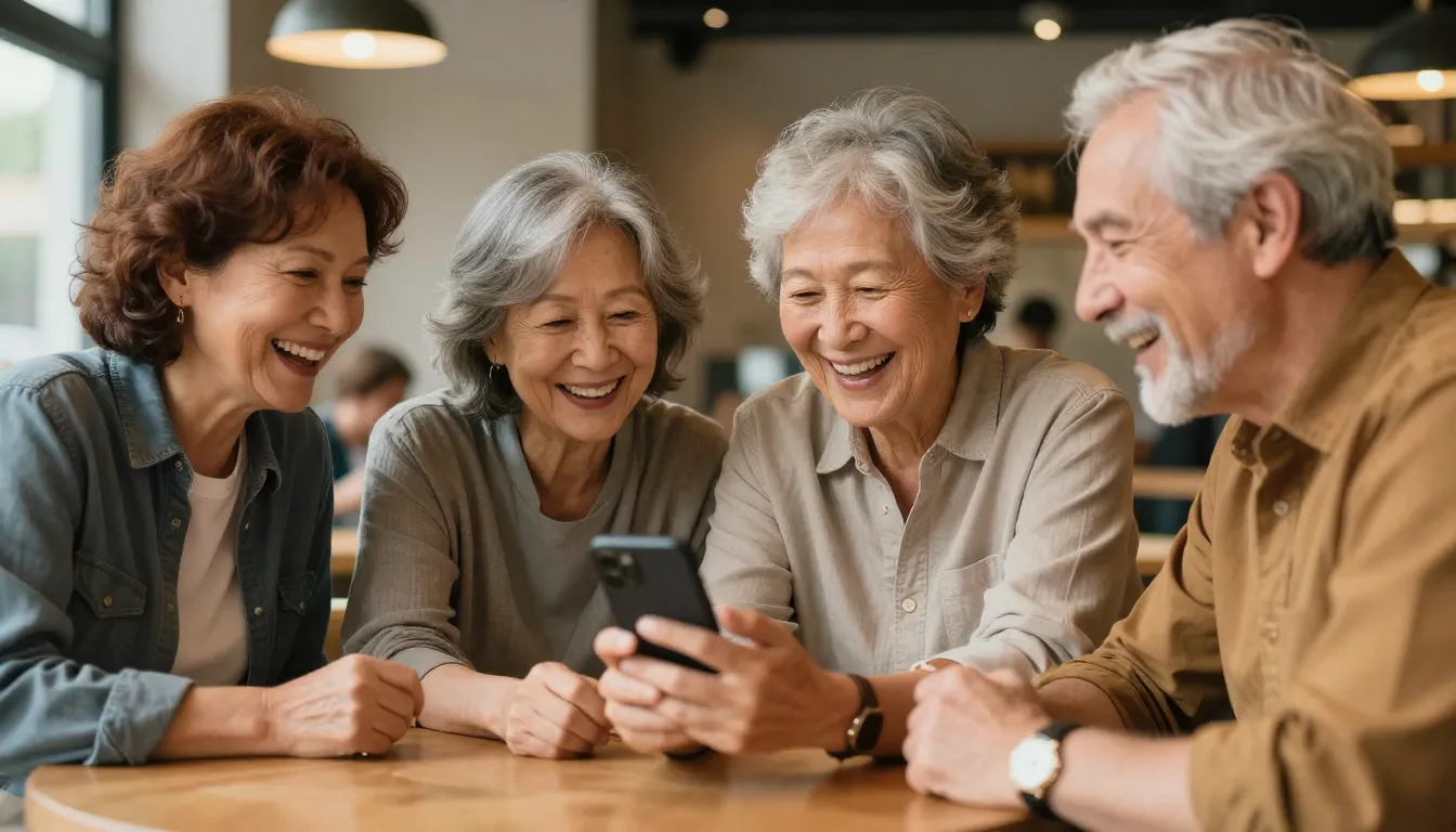 A group of cheerful adults in their late 50s sitting in a co...