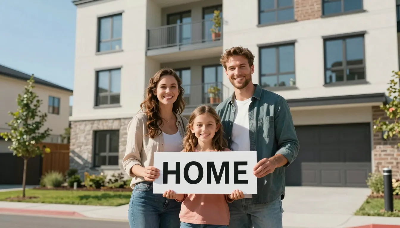 A happy family standing in front of a new modern apartment b...