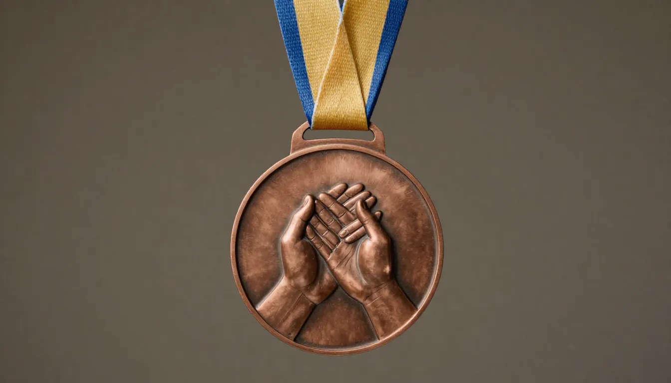 A professional close-up of a bronze award medal with a blue ...