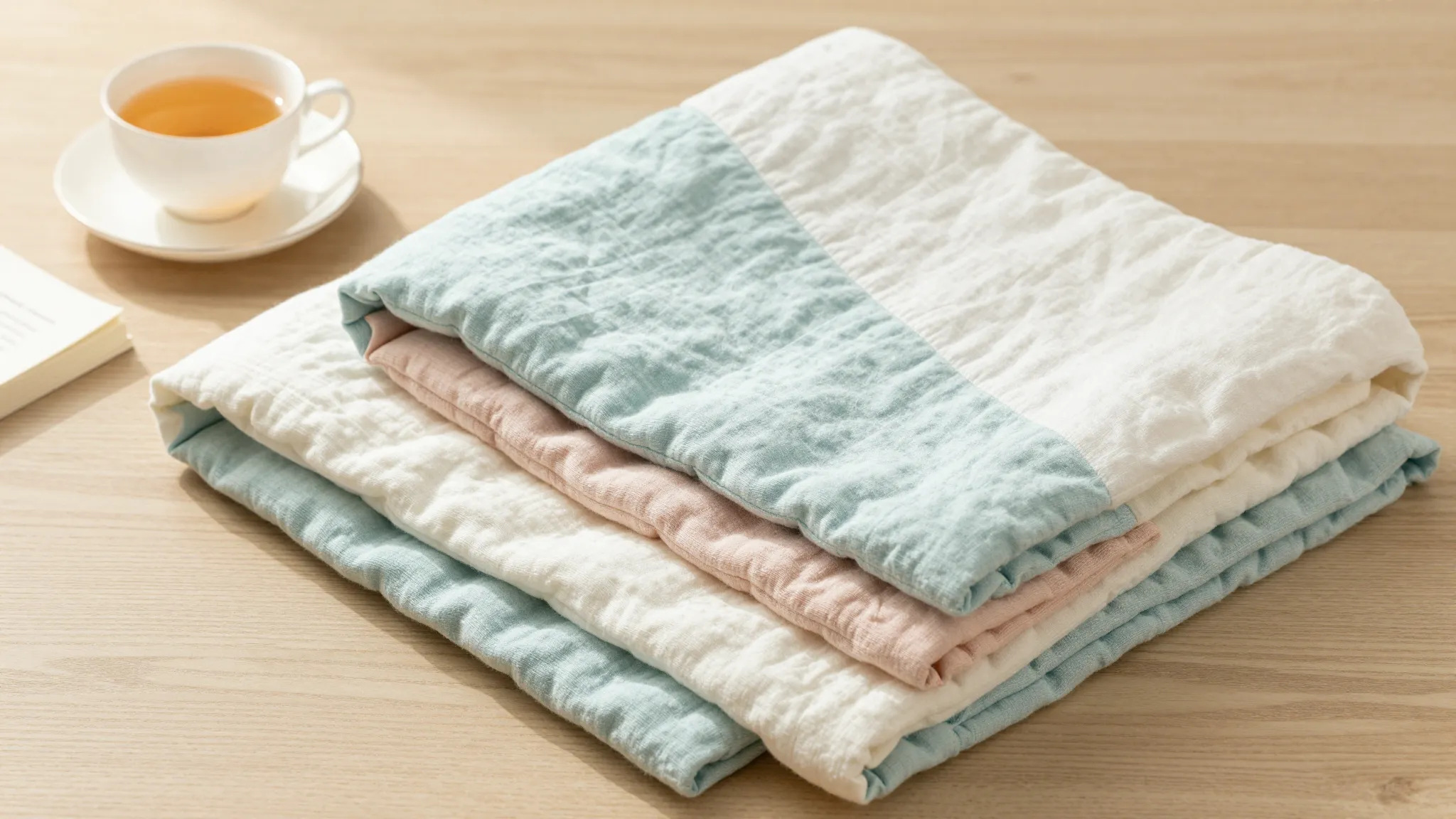 A beautiful flatlay of folded muslin bedding in pastel color...