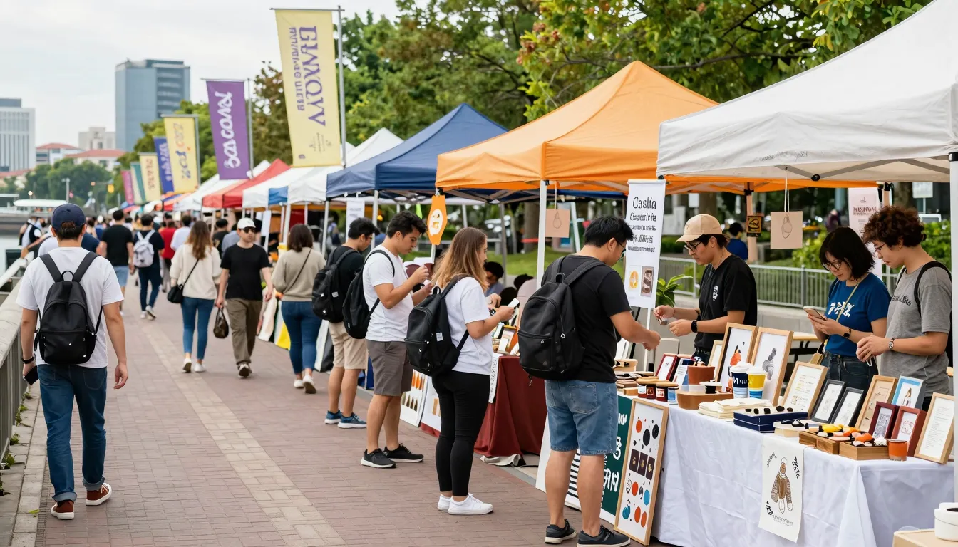 A vibrant and festive outdoor market scene with many people ...