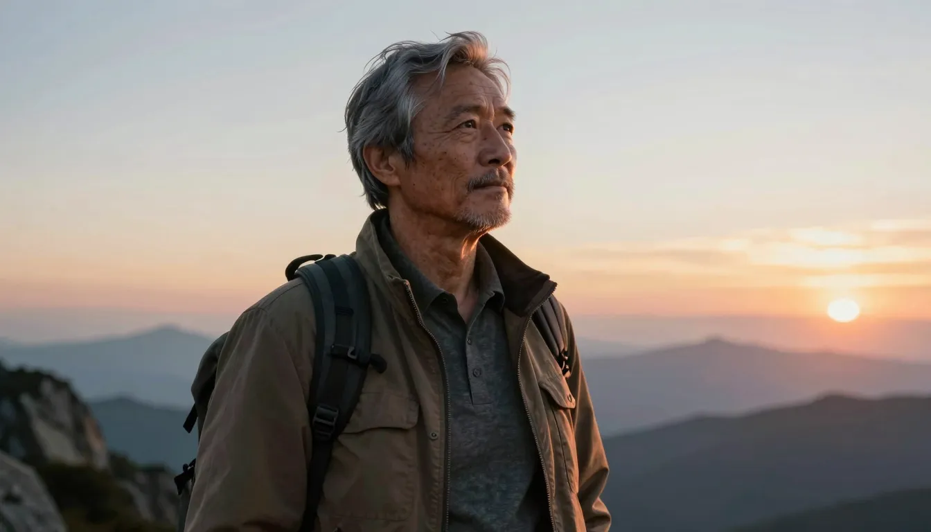 A mature, dignified man in his late 40s standing on a mounta...