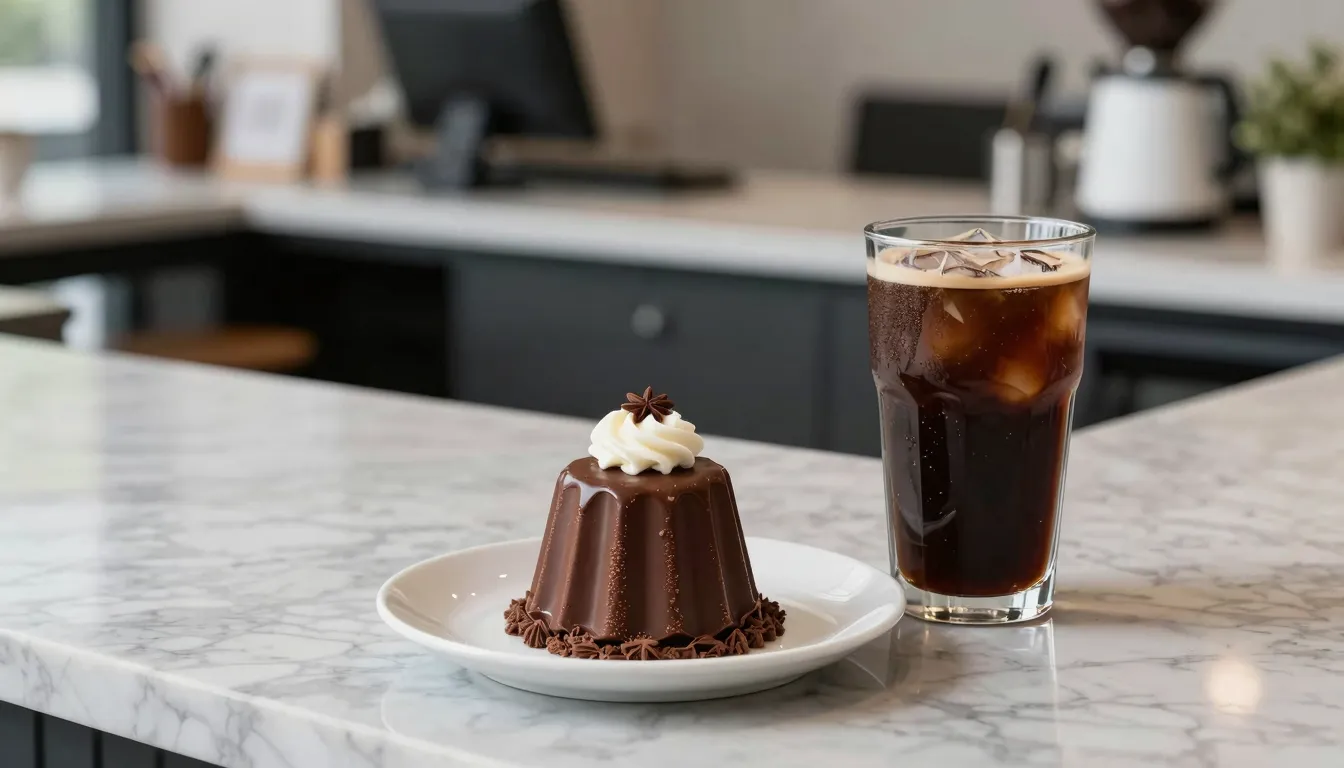 A delicious chocolate dessert and a glass of iced coffee on ...