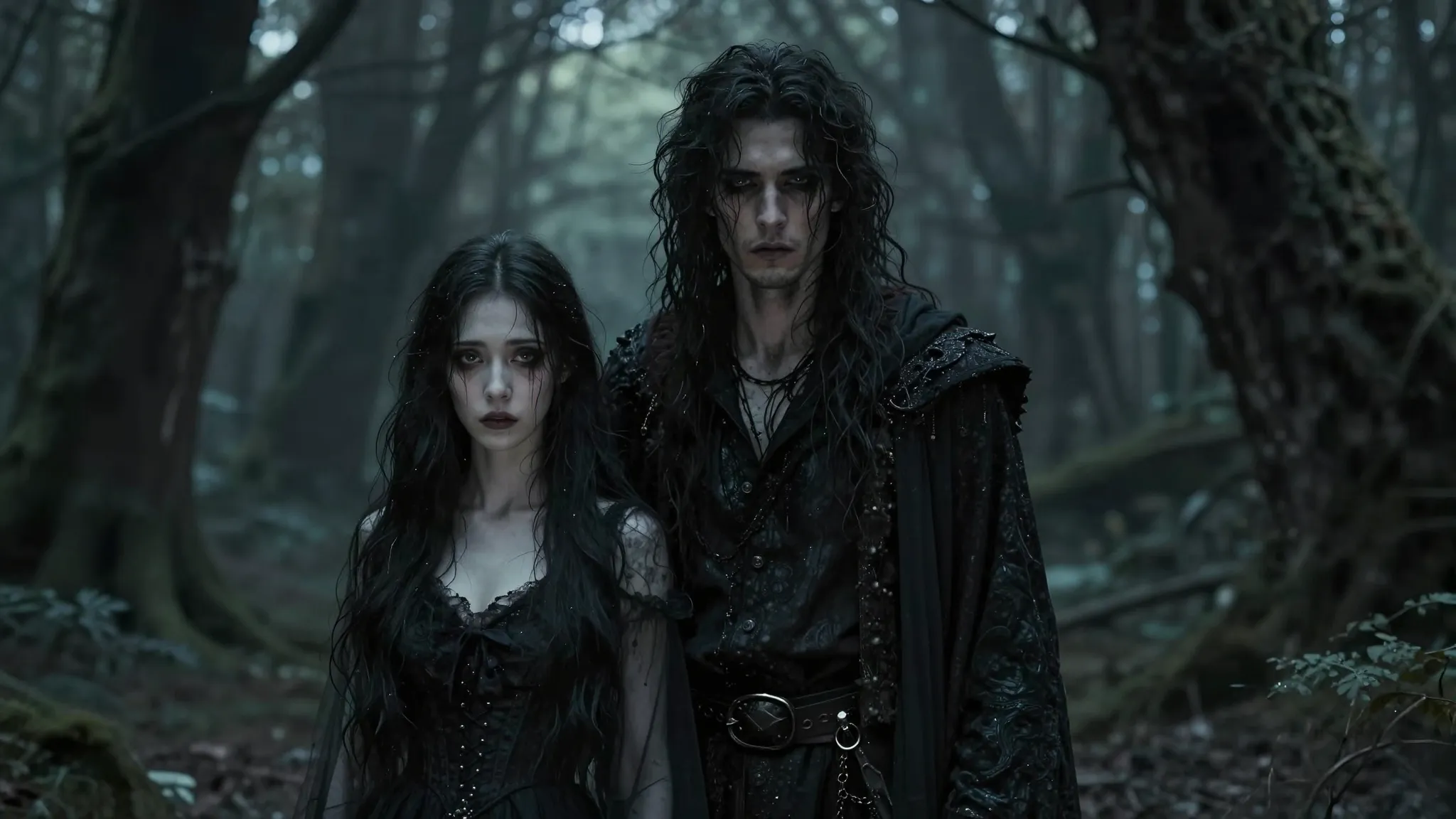 Dark fantasy art, a man and a mysterious woman with sad eyes...