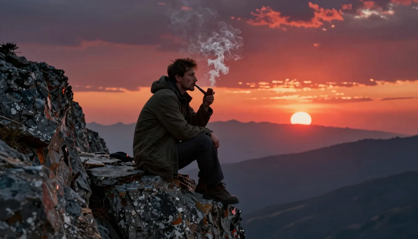 A rugged man sitting on the edge of a massive rocky cliff in...
