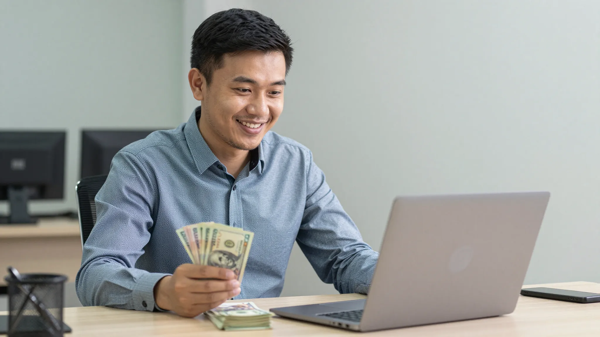 A friendly Central Asian man sitting at a desk with a laptop...