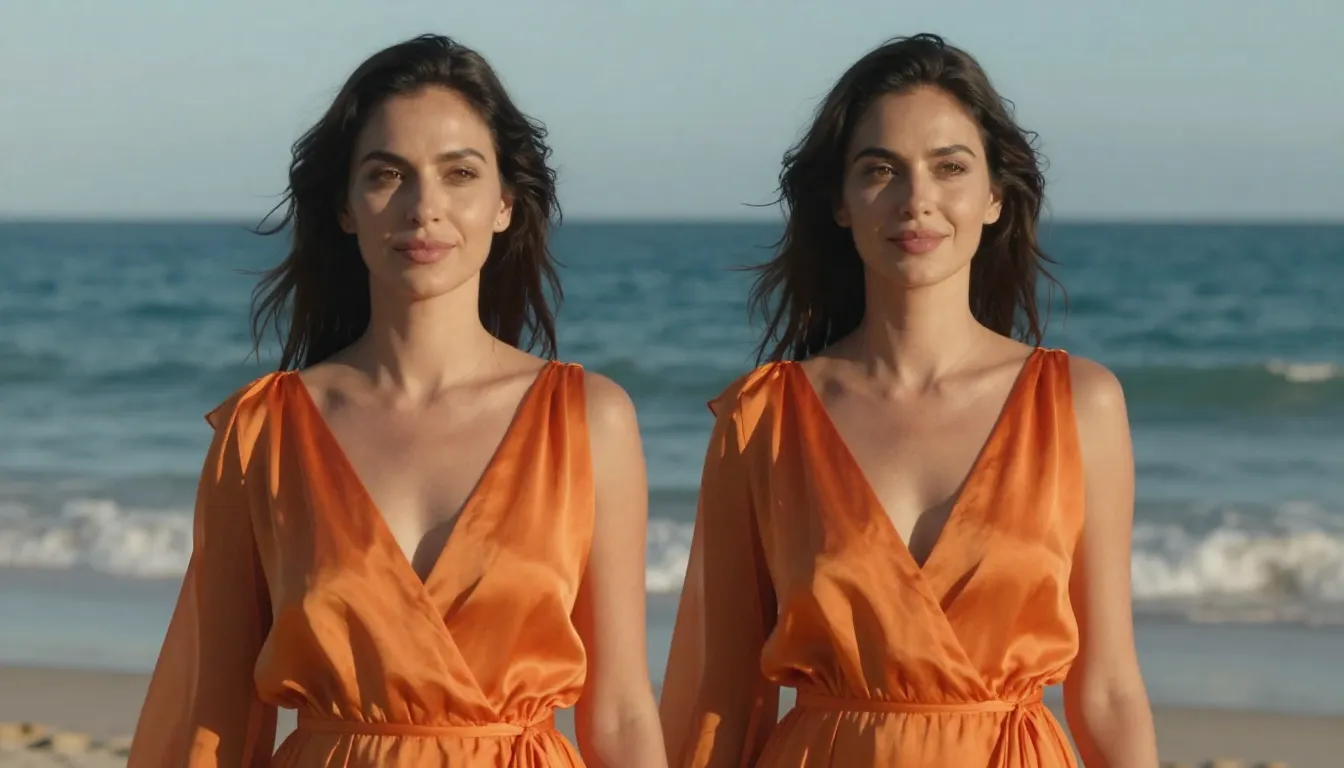 A stunning woman with a gentle subtle smile, identical face ...