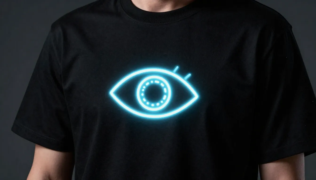 Close-up of a black high-quality cotton t-shirt with a glowi...