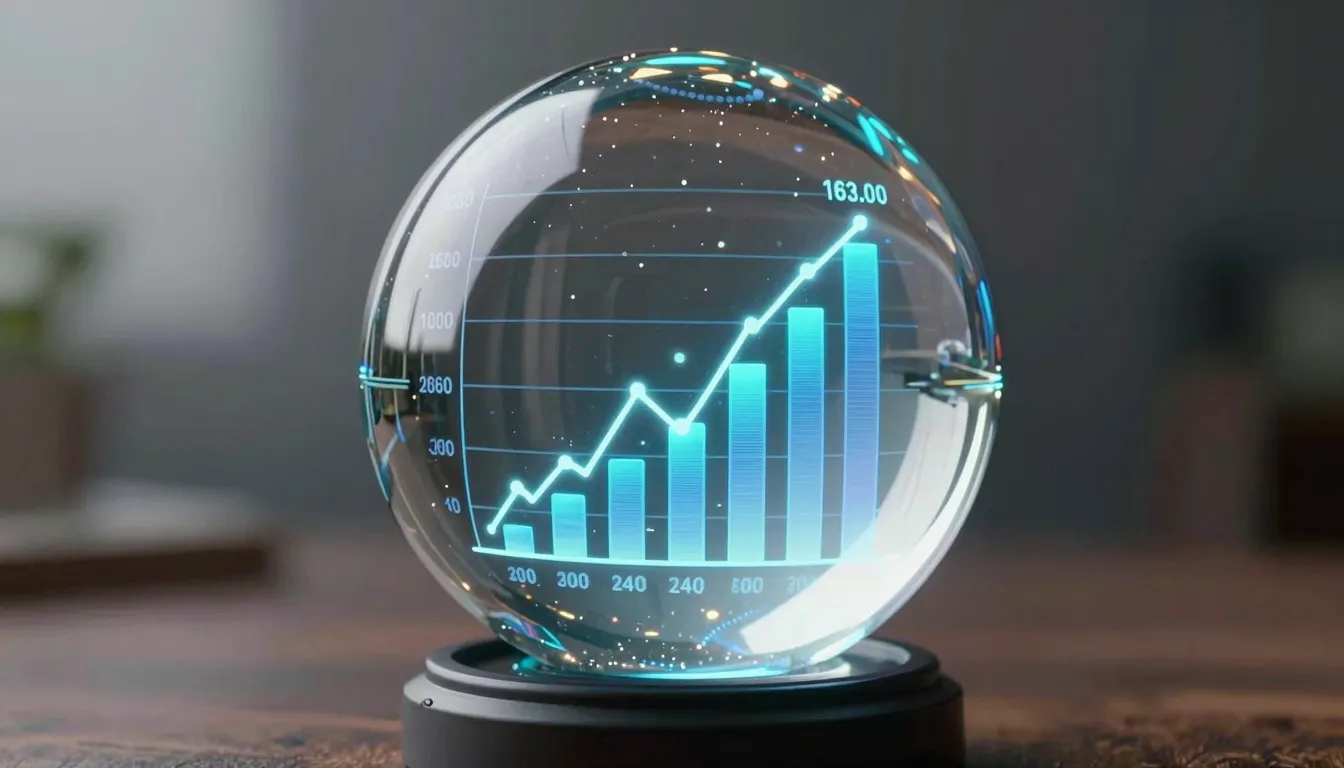 A futuristic crystal ball showing a bar chart with glowing p...