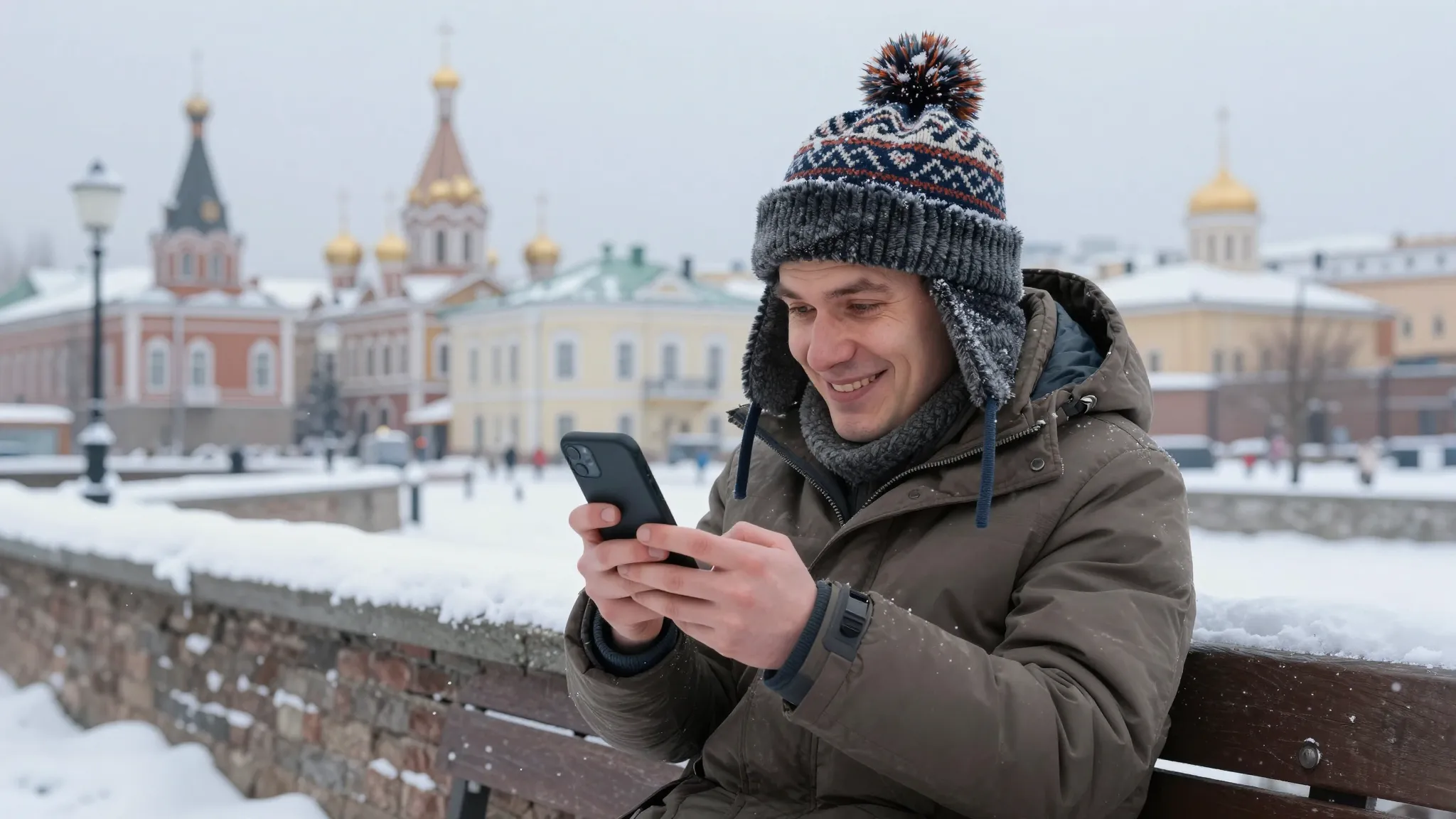 A funny man sitting in a snowy Russian city like Orenburg, l...