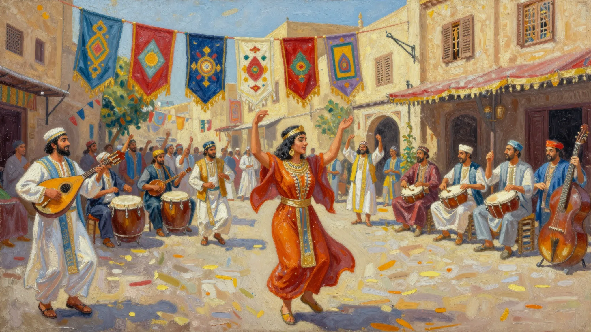 A vibrant oil painting of a traditional Egyptian street fest...