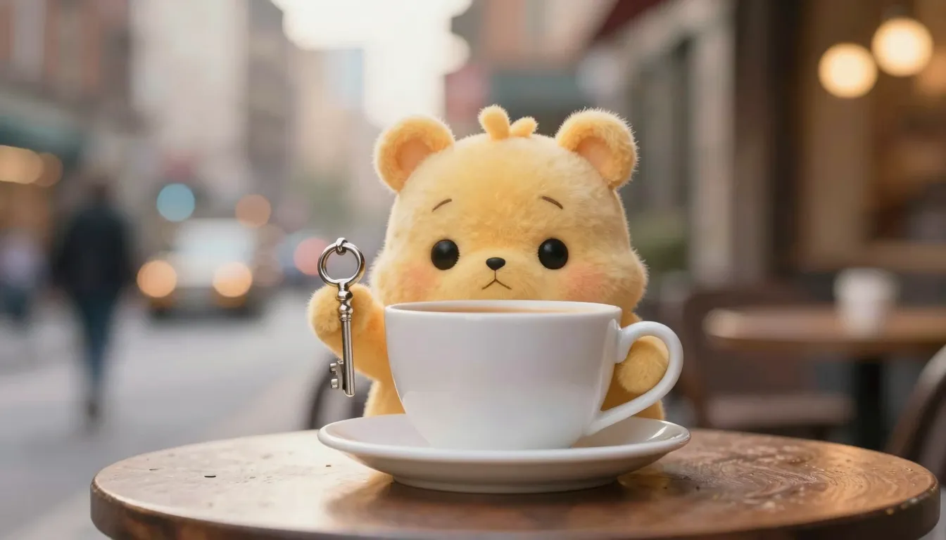 A small cute urban spirit hiding behind a coffee cup on a st...