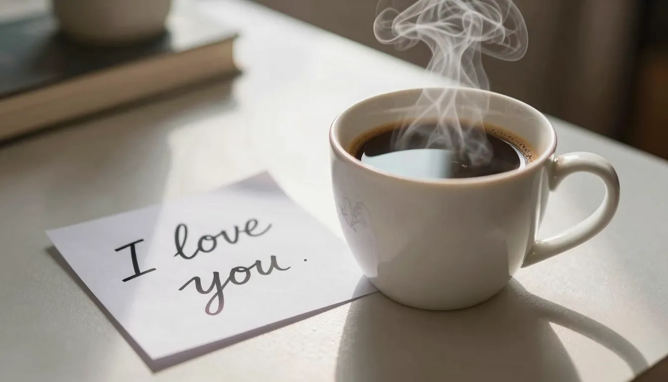 A steaming cup of coffee on a table next to a handwritten no...