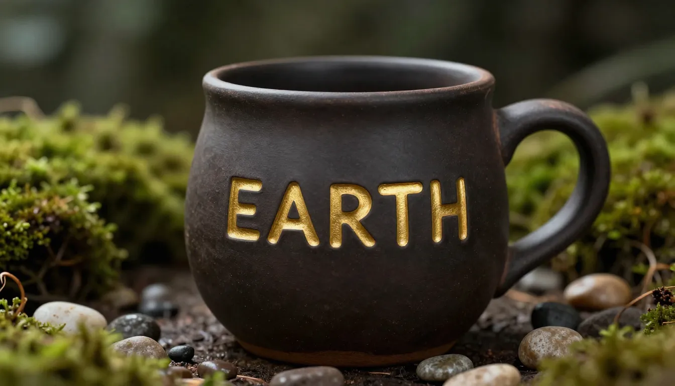 A handcrafted dark clay mug with a matte texture, the word '...