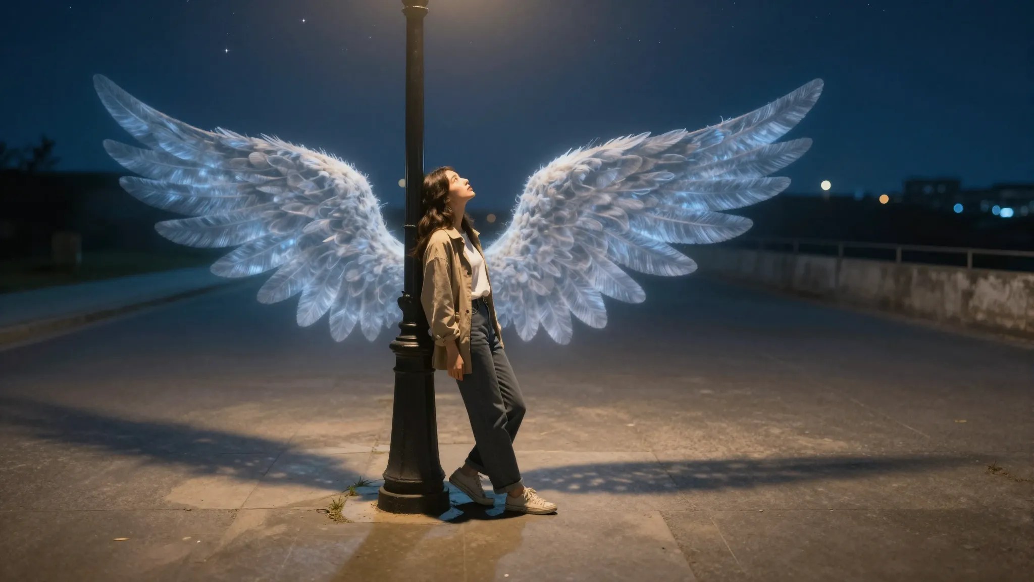 A woman leaning against a lamp post on a quiet night street,...