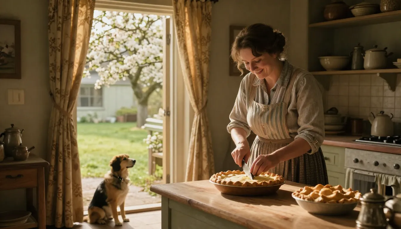 A warm, nostalgic scene in an old country house kitchen. A k...