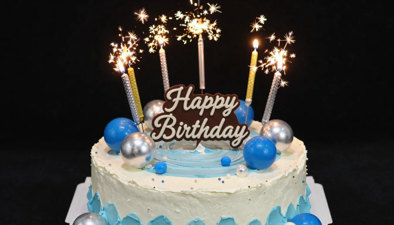 A large festive cake with blue and silver decorations, spark...