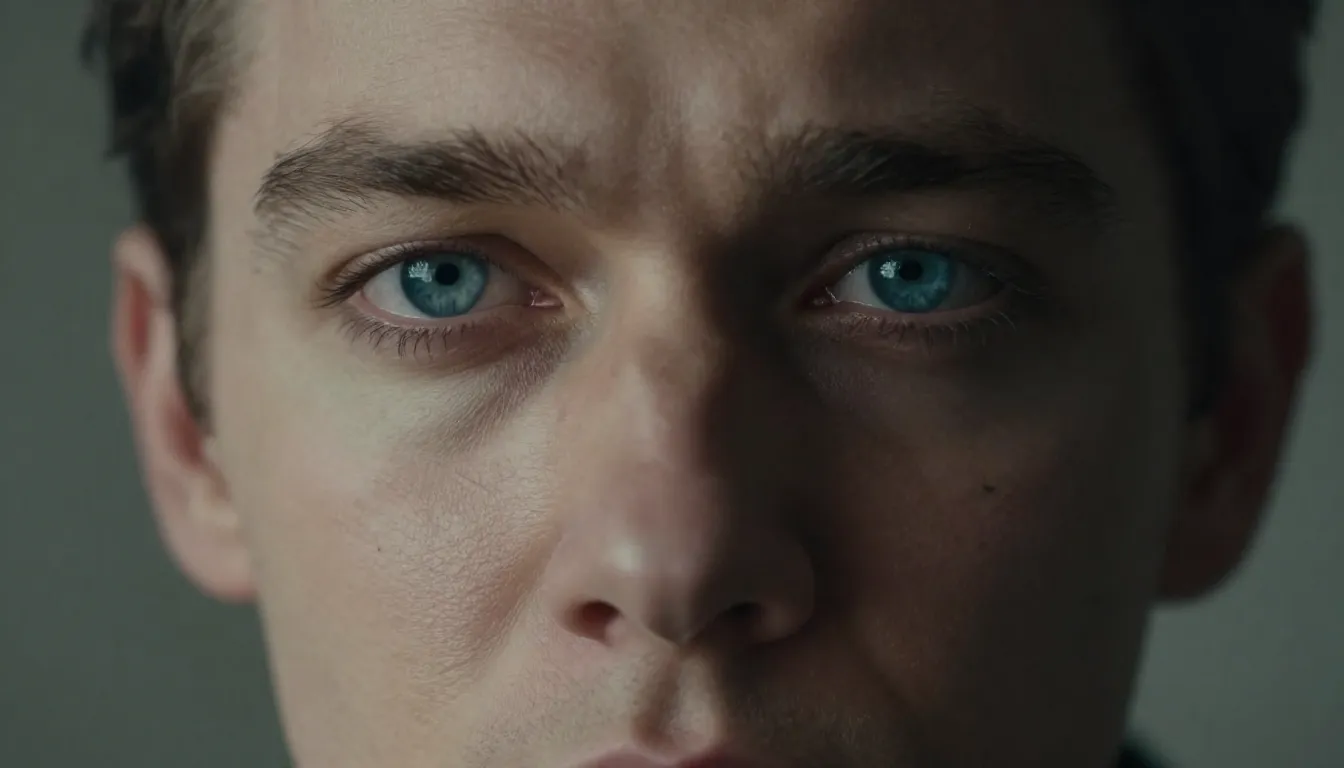 Cinematic close-up portrait of a man with piercing sky-blue ...