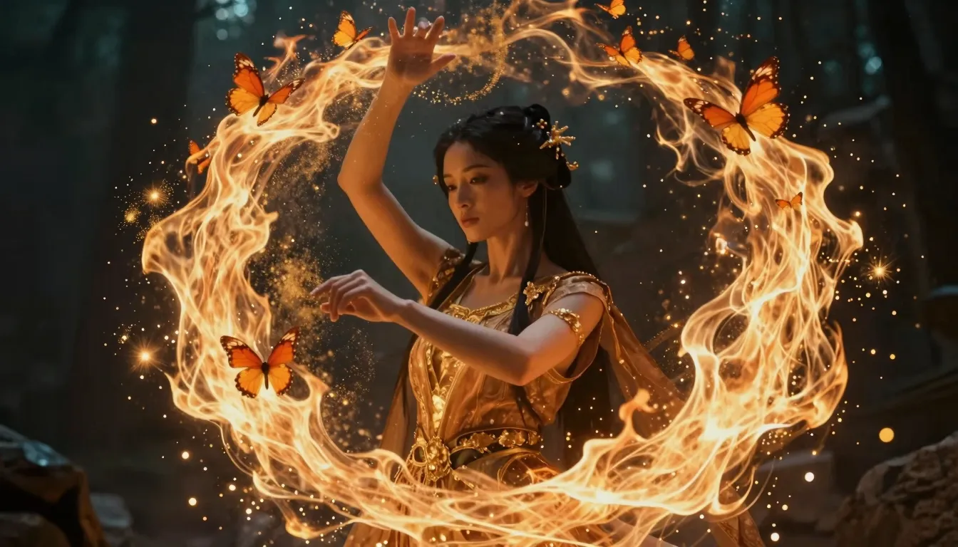 Medium shot of a mystical woman standing in a swirl of fire ...