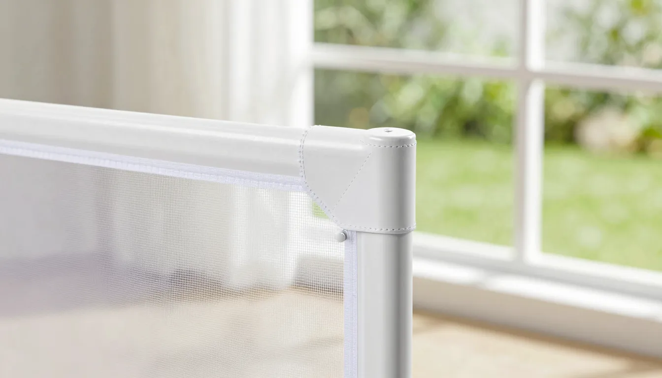 Detailed shot of a white mosquito net frame, focus on the co...